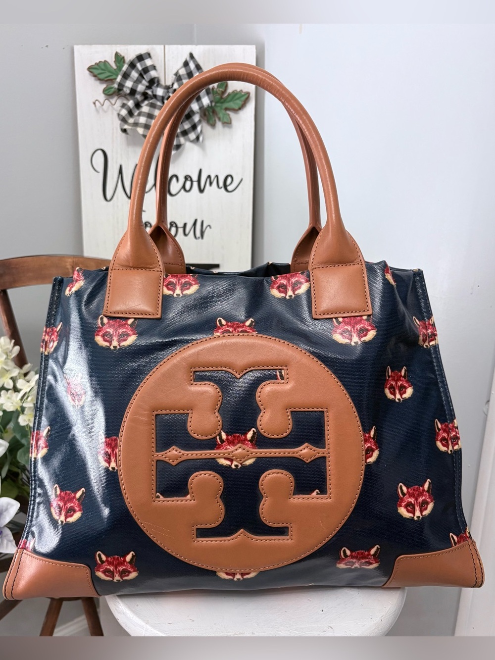 TORY BURCH “Retired” Vintage Navy Large Tote with Brown Trim and Fox Motif Print